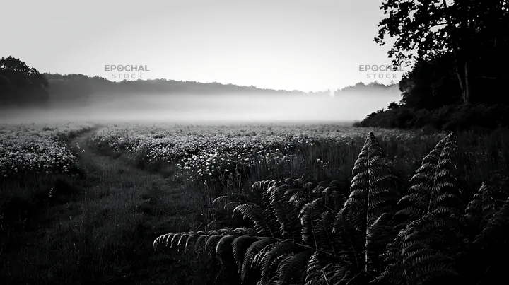 Black and white nara summer meadow with fern foreground and misty landscape - AI-generated stock image