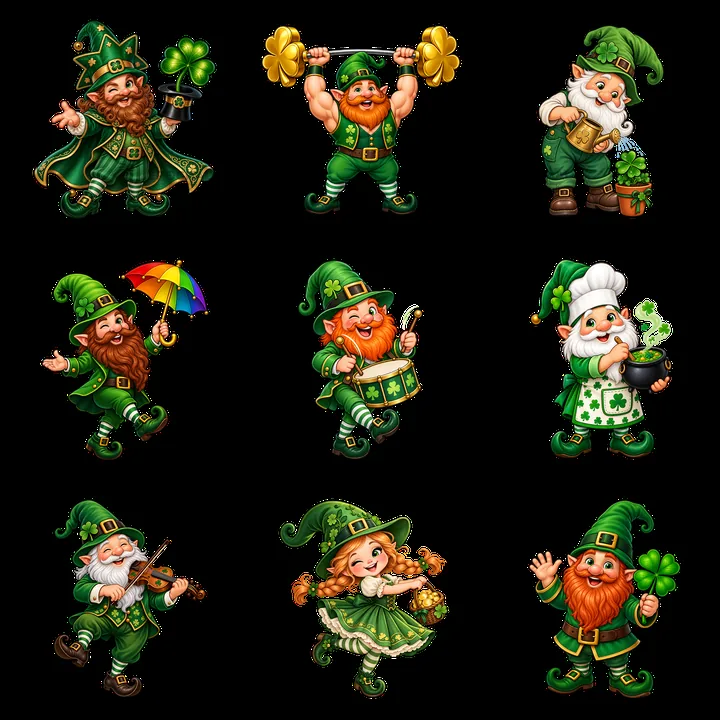 St. Patrick's Day gnomes with various activities and props - AI-generated stock image