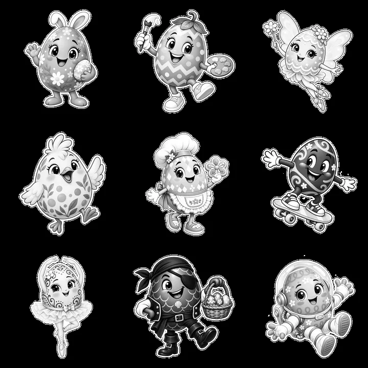 Colorful cartoon easter eggs with various characters in a grid - AI-generated stock image