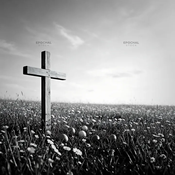 Rustic Christian cross in a spring meadow with flowers - AI-generated stock image
