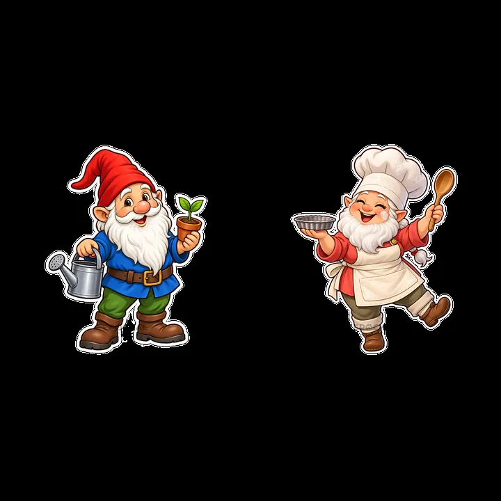 Gnome with watering can and gnome chef holding cooking spoon - AI-generated stock image
