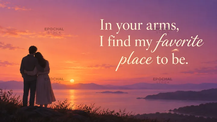 Couple Embracing Beside a Lake at Sunset - AI-generated stock image
