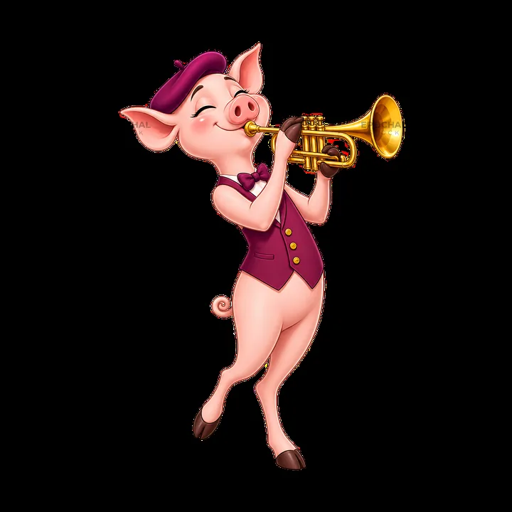 Pig playing trumpet in a stylish outfit - AI-generated stock image