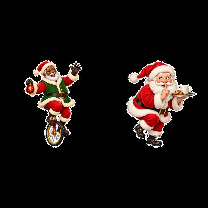 Santa Claus on unicycle and Santa with cookies and drink - AI-generated stock image