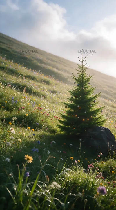 Vibrant Christmas tree in misty meadow with wildflowers - AI-generated stock image