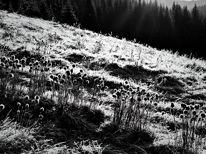 Snowy highland meadow with frost-covered plants under sunlight - AI-generated stock image