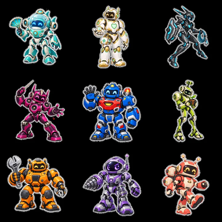 Colorful mech robots in a 3x3 grid layout with diverse designs - AI-generated stock image