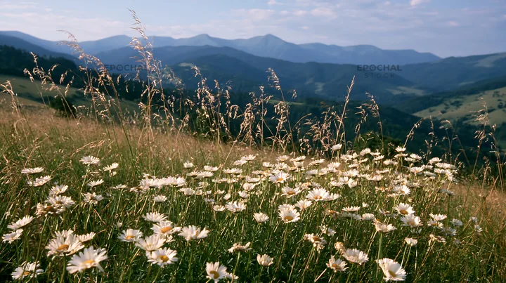 Slovak meadow with flowers in Carpathian valley - AI-generated stock image