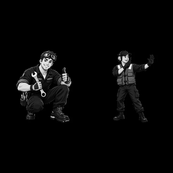 Cartoon mechanics on aircraft carrier giving signals and thumbs up - AI-generated stock image