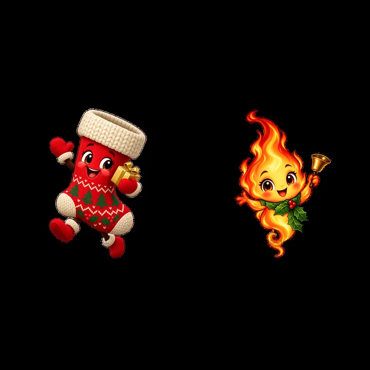 Christmas animated characters with stocking and flame icon - AI-generated stock image