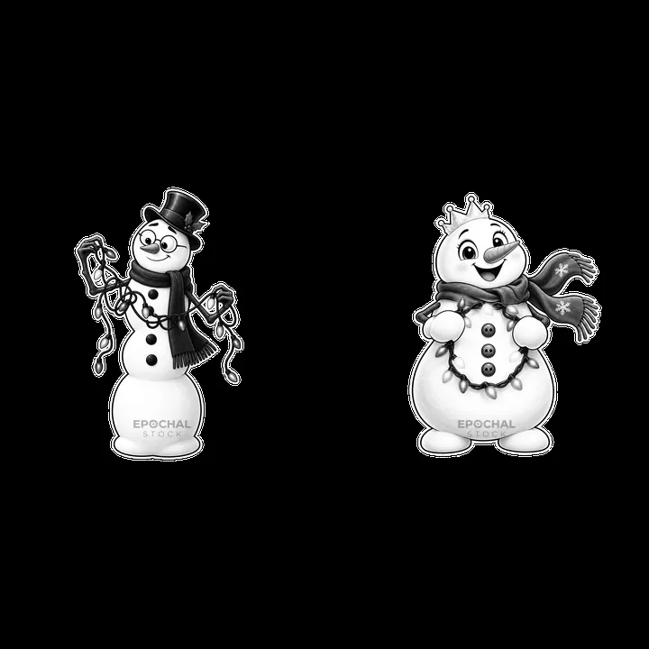 Snowman with string lights wearing hats and scarves in a pair - AI-generated stock image