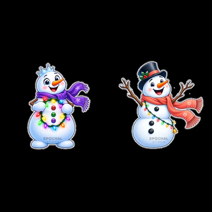 Snowmen with Christmas lights wearing scarves and hats - AI-generated stock image
