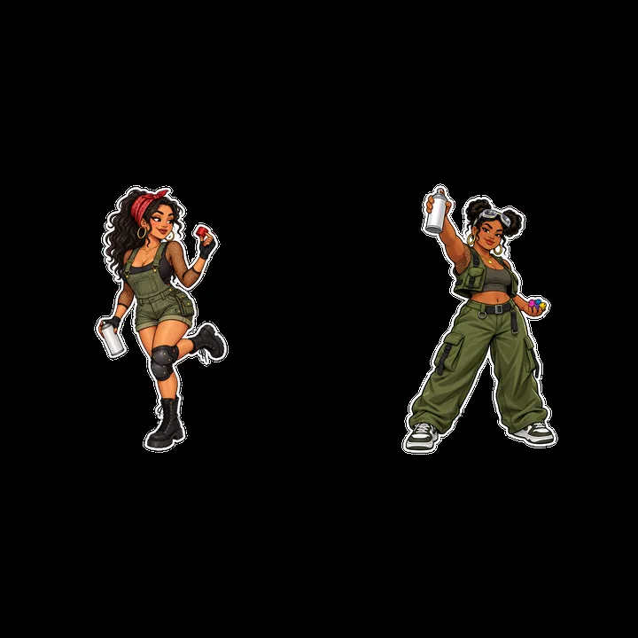 Sexy female graffiti sprayer duo with spray cans and paint - AI-generated stock image
