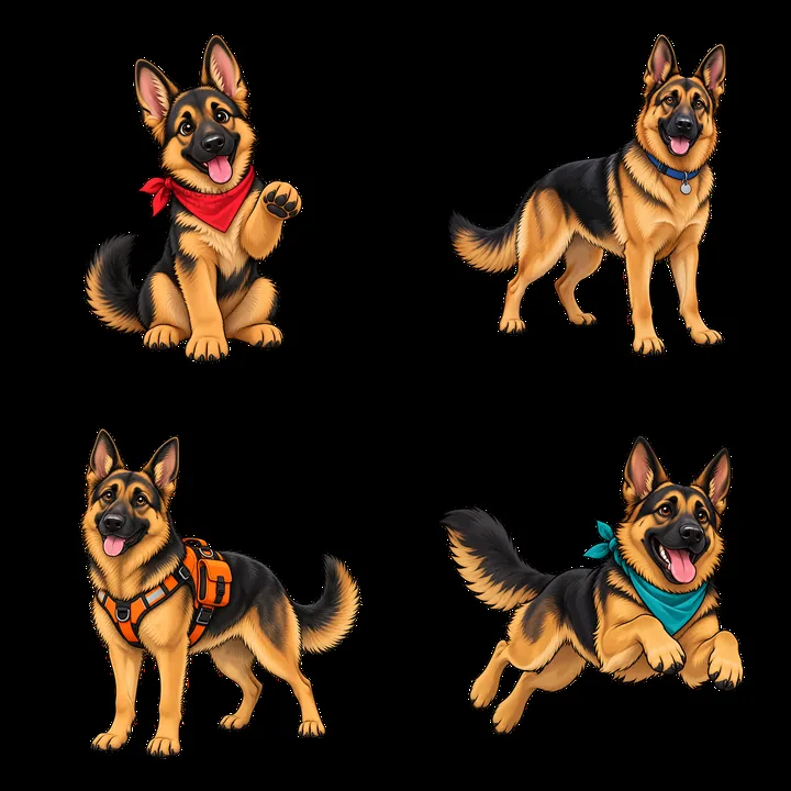 Playful German Shepherd dogs in various poses and outfits - AI-generated stock image