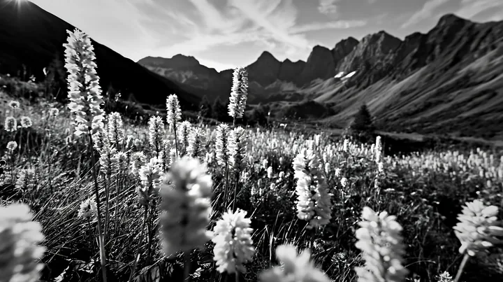 Swiss alpine meadow with wildflowers and mountain backdrop - AI-generated stock image