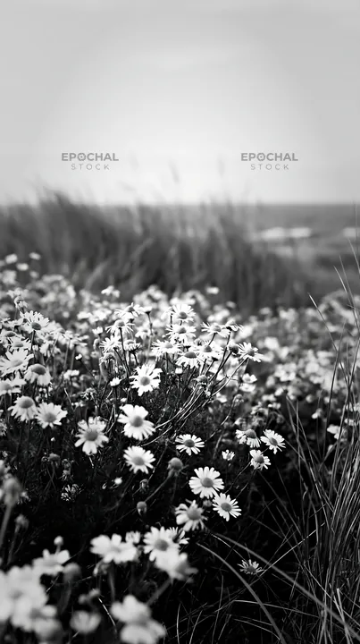 Chamomile meadow with grass and ocean in the background - AI-generated stock image