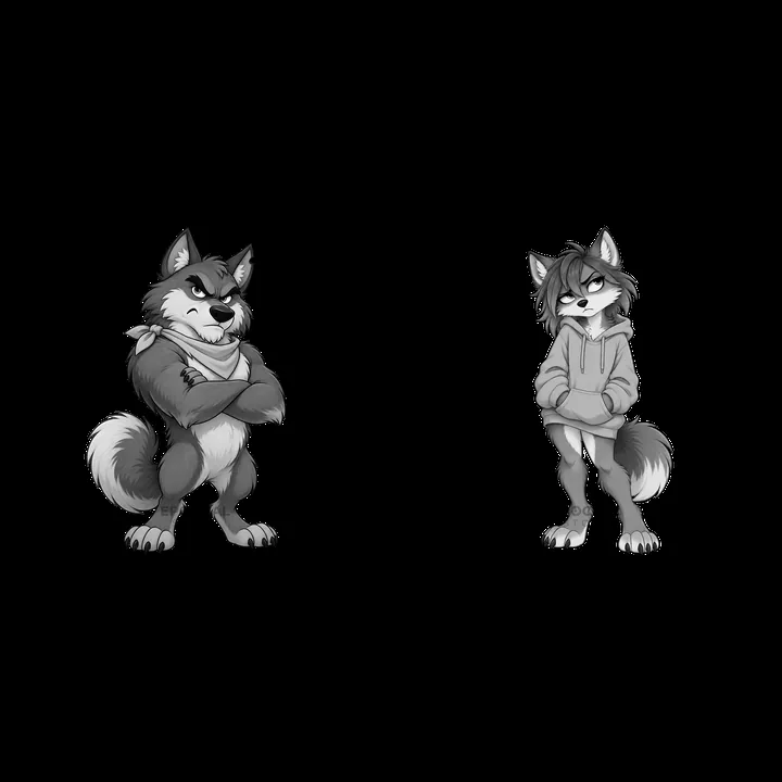 Grumpy wolf characters with crossed arms and hoodie in monochrome - AI-generated stock image