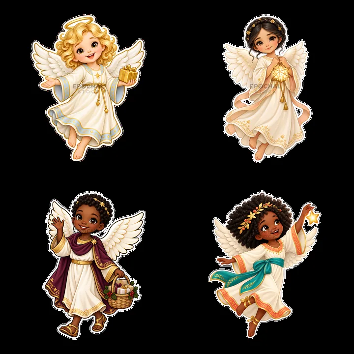 Four cartoon angel characters with gifts for Christmas - AI-generated stock image