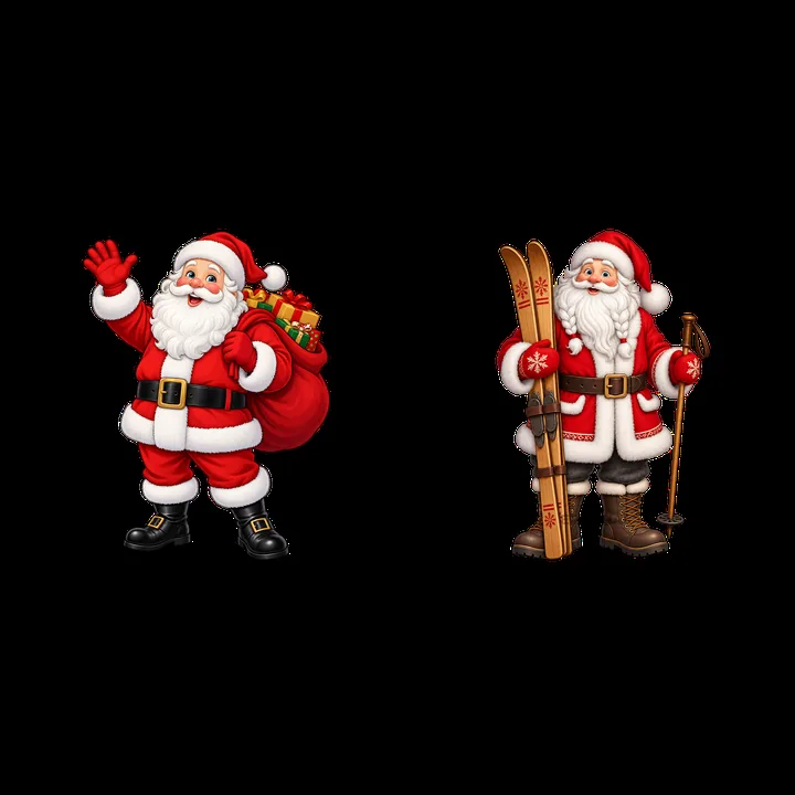 Santa Claus waving with gifts and Santa Claus skiing with equipment - AI-generated stock image
