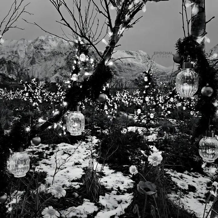 Christmas lanterns in a snow-covered apple tree meadow - AI-generated stock image
