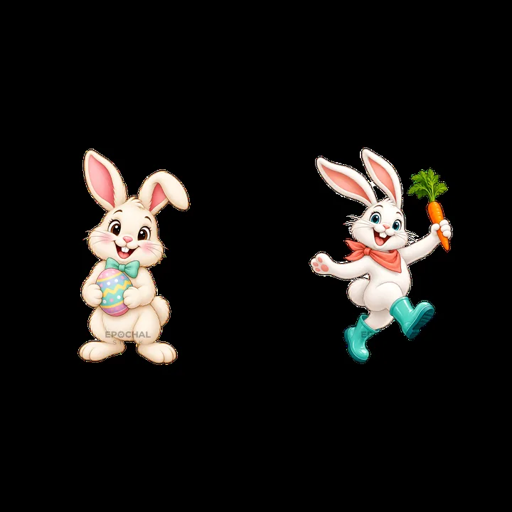 Easter bunnies with colorful eggs and carrots in a playful pose - AI-generated stock image