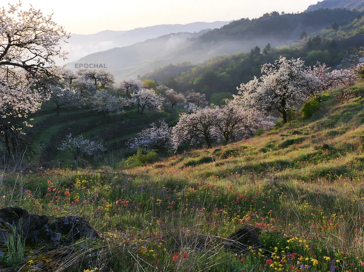 Spring orchard meadow with blooming trees and flowers - AI-generated stock image