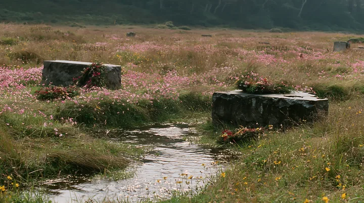 Christmas wreaths beside stream in meadow - AI-generated stock image