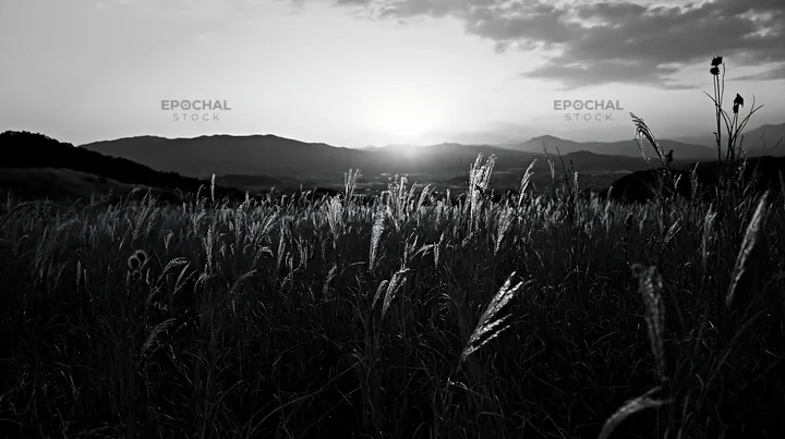 Ehime twilight meadow with dry seedheads at sunset - AI-generated stock image
