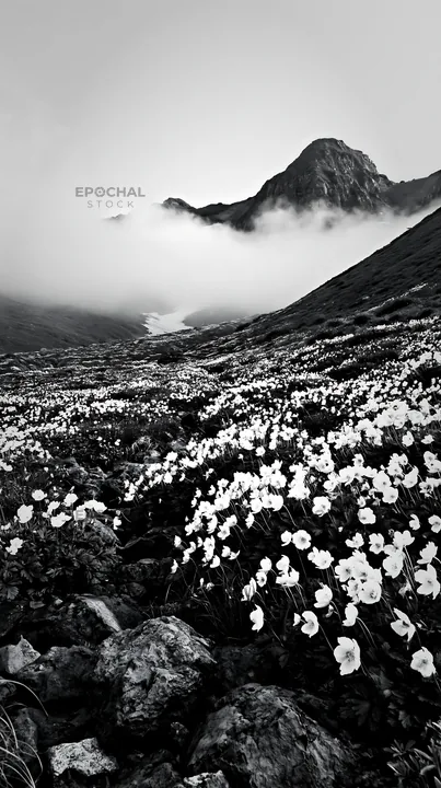 Black and white toyama alpine meadow snowmelt rock foreground with white flowers - AI-generated stock image