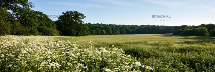 Cow parsley meadow in open field under clear blue sky - AI-generated stock image