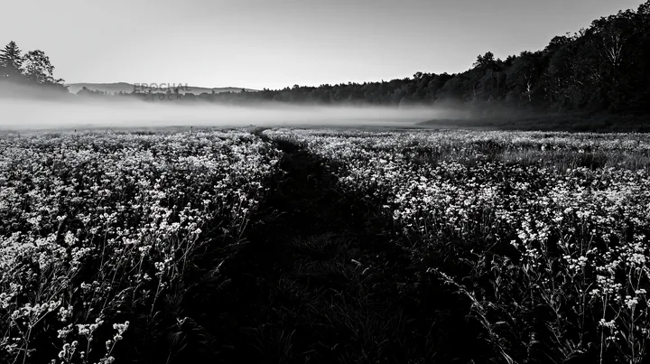 Black and white nara summer meadow with fern foreground at sunrise - AI-generated stock image