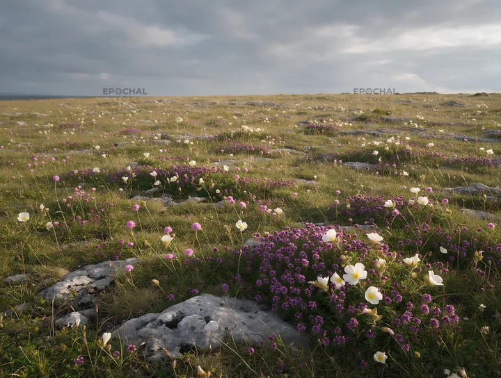 Cloudy dry flower meadow in overcast weather - AI-generated stock image