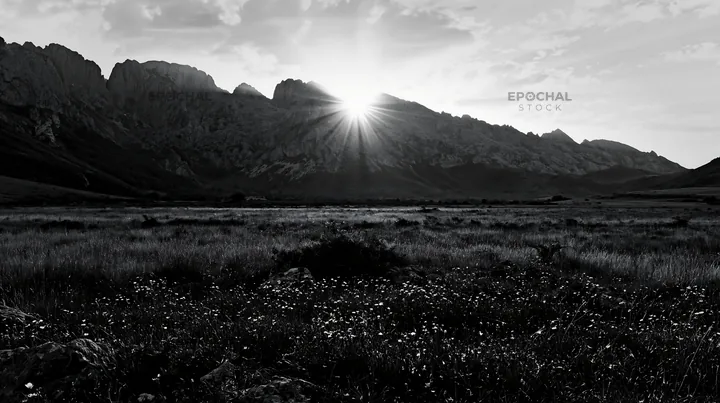 Sun rays highlight Picos de Europa meadow at sunset - AI-generated stock image