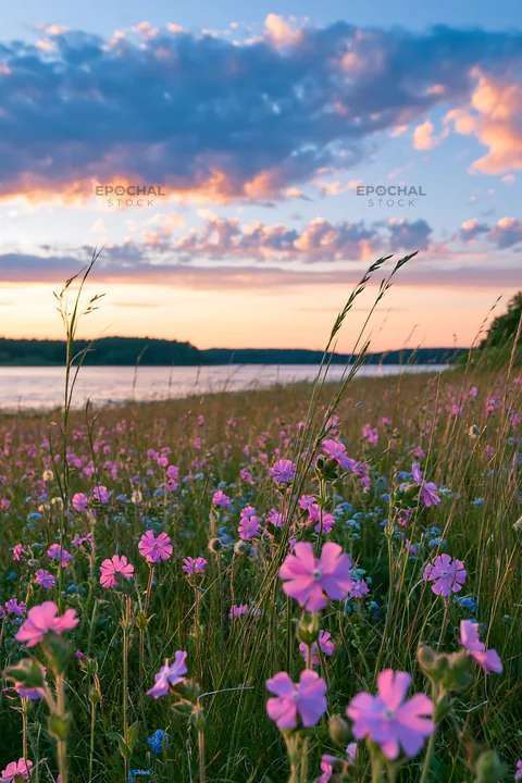 German lakeside meadow with wildflowers at sunset - AI-generated stock image