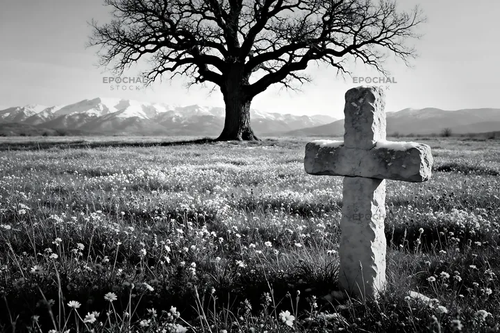 Christian cross in winter mountain meadow with tree - AI-generated stock image