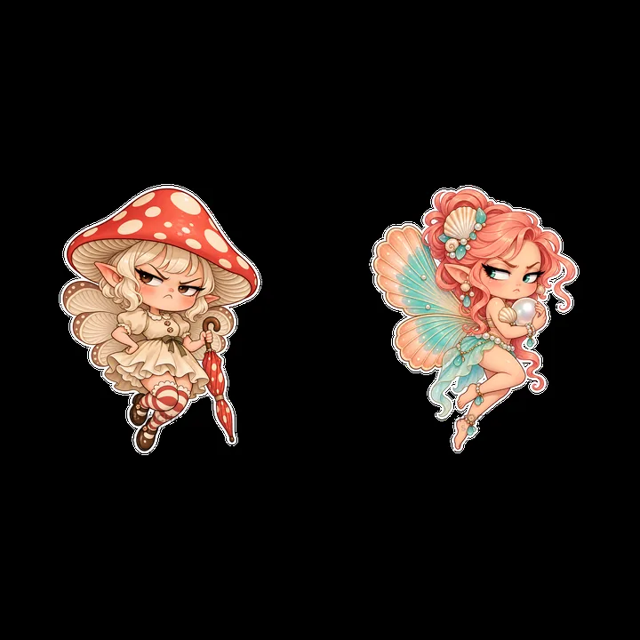 Kawaii grumpy fairy with mushroom hat and pink-haired sea fairy - AI-generated stock image