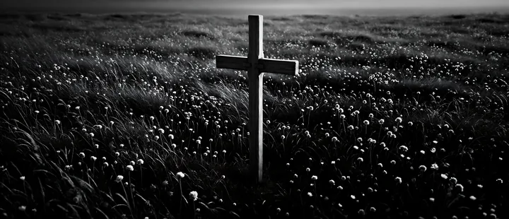Wooden Christian cross in meadow at sunrise with light rays - AI-generated stock image