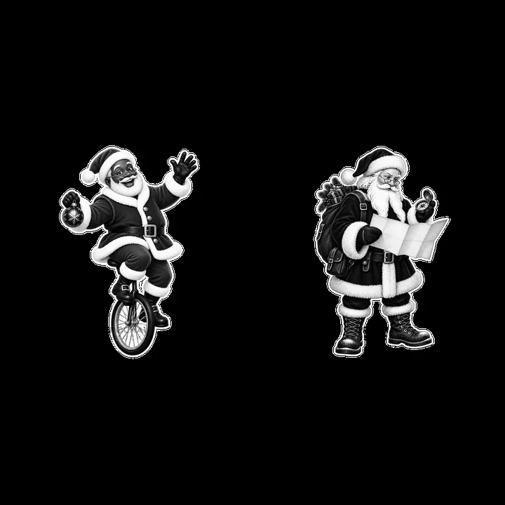 Santa Claus on a unicycle and checking a map in black and white - AI-generated stock image
