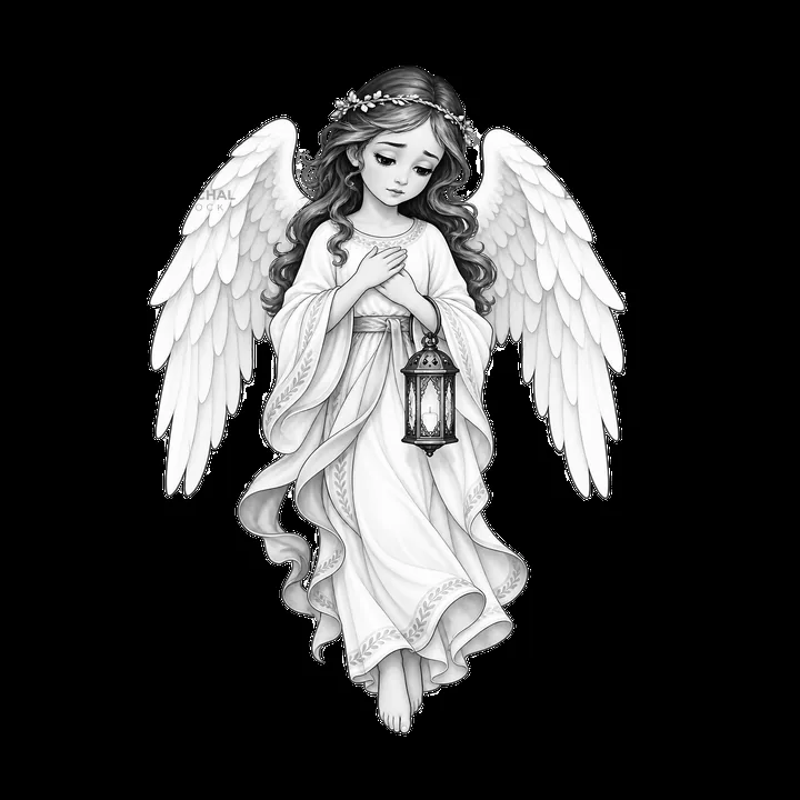 Angel holds lantern in monochrome illustration - AI-generated stock image
