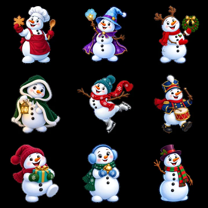 Nine cheerful snowmen in Christmas-themed outfits and activities - AI-generated stock image