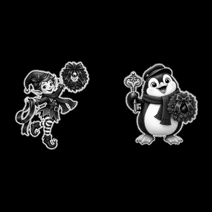 Christmas elf and penguin holding wreaths in black and white - AI-generated stock image