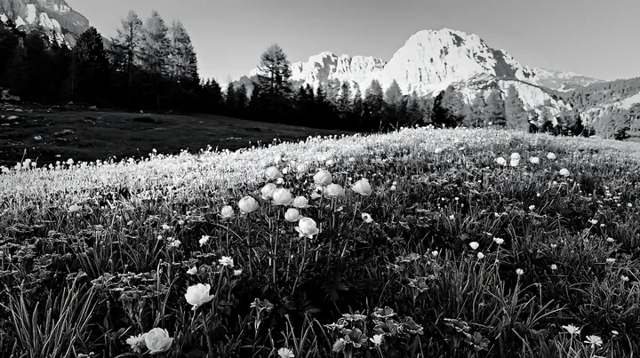 Frost-touched meadow with flowers and mountains in the background - AI-generated stock image