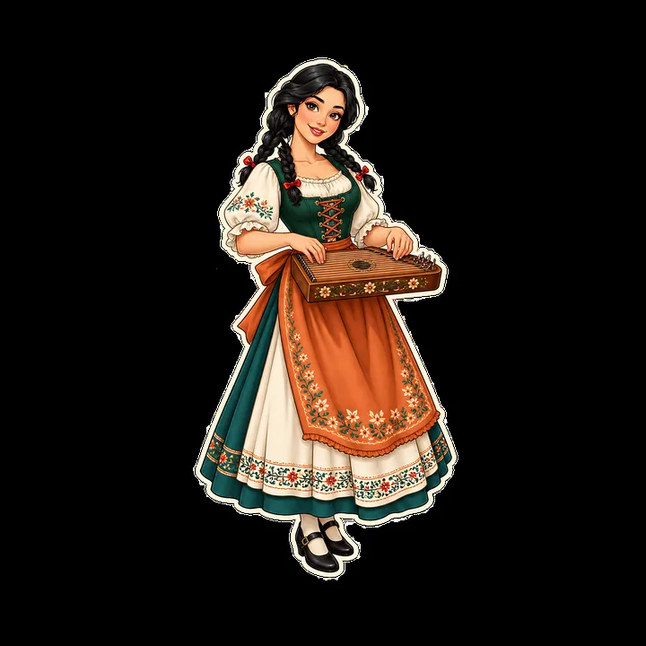 Woman in traditional folk dress playing a zither instrument - AI-generated stock image