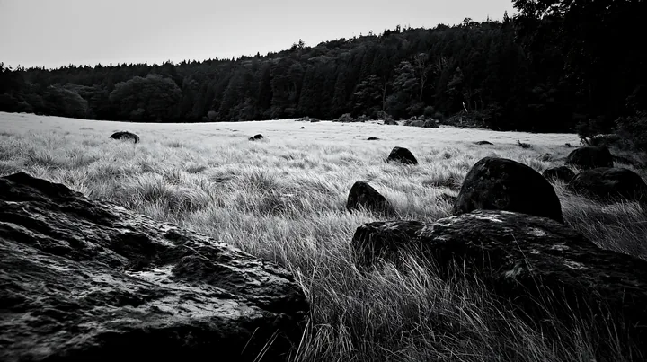 Rewilded Akita silver grass meadow stones under cloudy sky - AI-generated stock image