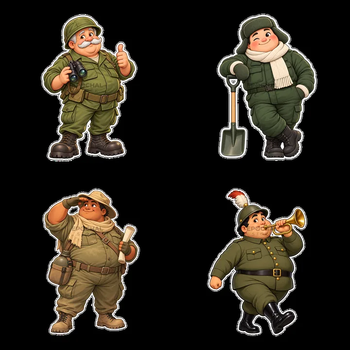 Cute ultra-chubby soldier characters in a 2x2 grid layout - AI-generated stock image