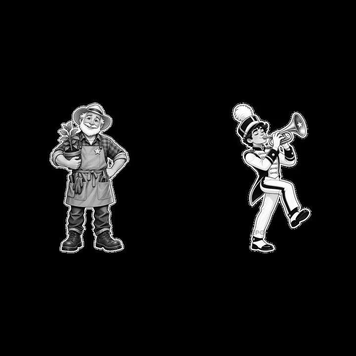 Gardener with plant and musician playing trumpet sticker illustration - AI-generated stock image