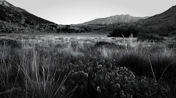 Biodiverse meadow landscape in black and white - AI-generated stock image
