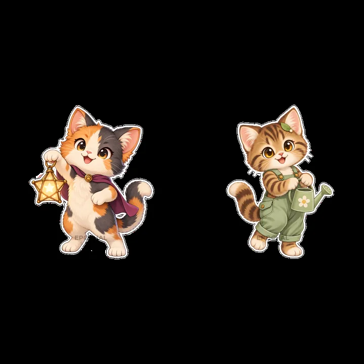 Kawaii cats with a lantern and watering can in a cheerful pair - AI-generated stock image
