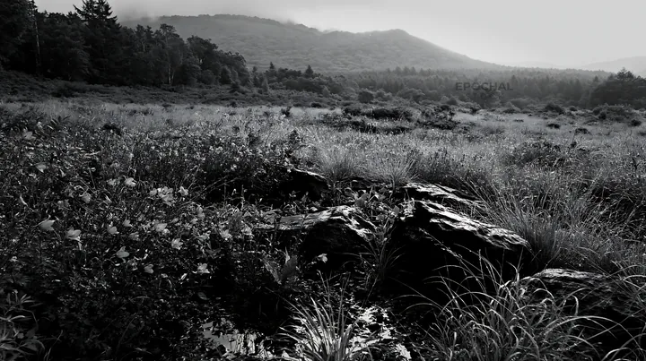 Black and white yamanashi regenerative meadow with basalt stones in natural light - AI-generated stock image