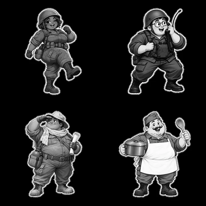 Cute ultra-chubby soldier characters in various poses and actions - AI-generated stock image